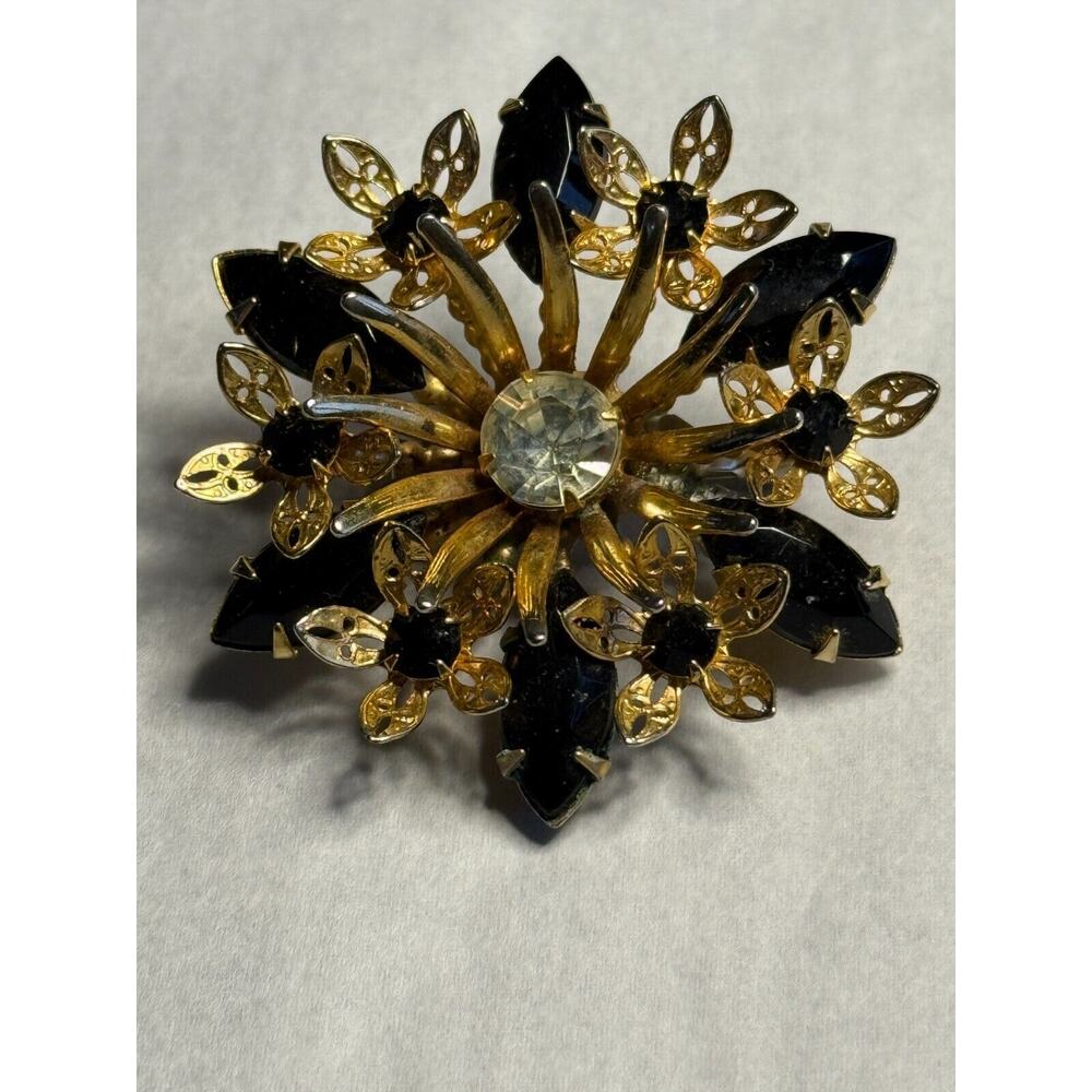 Vintage Black & Clear Rhinestone in Gold Tone Filigree Round Flower Brooch Pin